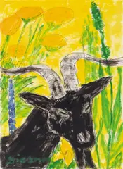Male goat by Gerhild Diesner, mixed media on paper, offered Jun 2014