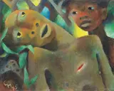 Carry Hauser, Dying male in the bushes, 1975, oil on board