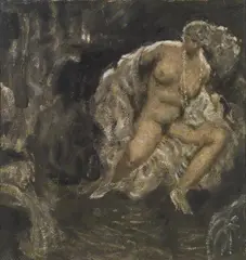 Female nude with necklace in interior by Alfons Walde, ca. 1920, mixed media on cardboard, sold Jun 2014
