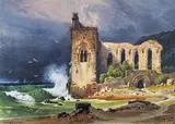 Carl Werner, Coastal landscape with a ruin, watercolour on paper