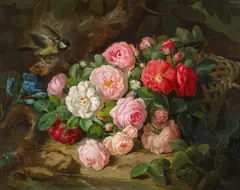 Josef Lauer, Still life with roses and great titmouse, oil on canvas