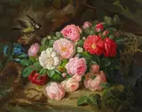 Josef Lauer, Still life with roses and great titmouse, oil on canvas