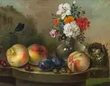 Vinzenz Kreuzer, Still life with flowers, fruits and dragonfly, oil on canvas