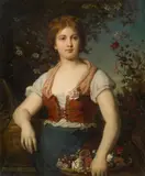 Eugen Felix, Young woman with a basket of flowers, 1876, oil on canvas