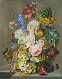 attributet to Leopold Zinnögger, Floral still life with fruits, gouache on paper