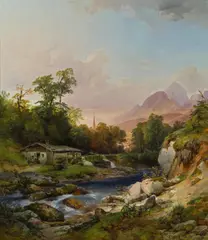 Anton Hansch, A mountainous landscape with forge, oil on panel