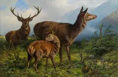 Franz Xaver von Pausinger, Deer with hind and calf, oil on canvas