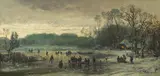 Adolf Stademann, Skaters on a frozen inlet, oil on canvas