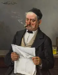The newspaper reader by Josef Kinzel, oil on panel, sold Jun 2014