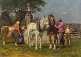 Carl Feiertag, At the watering place, oil an cardboard