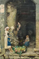 Gustavo Simoni, Spinning woman before a doorway, 1876, watercolour on paper