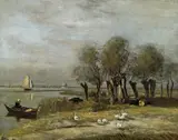 Rudolf Ribarz, Dutch canal with meadows, 1896, oil on panel