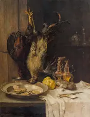 Still life with pheasant, oyster, quince and pewter ware by Carl Moll, 1893, oil on panel, offered Jun 2014