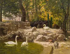 Stefan Simony, Ducks and swans at Schönbrunn Palace, oil on panel