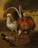 Cock, hen and jay with a worm by circle of Melchior de Hondecoeter, oil on canvas, sold Jun 2014