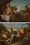 Giacomo Francesco Cipper, called il Todeschini , workshop of, Musicians - Flute playing shepherd & Pipe smoking peasant at his supper, oil on canvas
