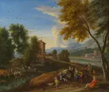 Adriaen Frans Boudewijns, Landscape with vegetable seller and donkey, oil on panel