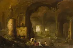 Abraham Cuylenborch, Nymphs bathing in a grotto, 1646, oil on panel