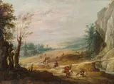 Joos de Momper, Landscape with horse riders, in the background a village