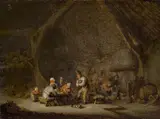 Adriaen van Ostade, Interior of a barn with peasants, oil on panel