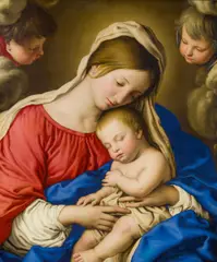 called Sassoferrato Giovanni Battista Salvi, Madonna and Child, with two putti among clouds, oil on canvas