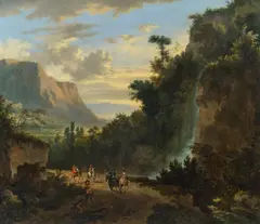 Jan Hackaert, Landscape with a hunting party and waterfall, oil on canvas