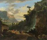 Jan Hackaert, Landscape with a hunting party and waterfall, oil on canvas