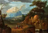 attributet to Anton Faistenberger, Ideal landscape with passengers, oil on canvas