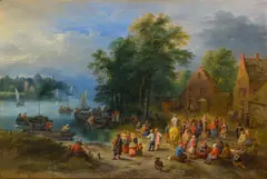 River landscape with a village scene by Théobald Michau, oil on panel, sold Jun 2014