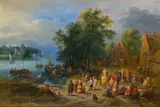 Théobald Michau, River landscape with a village scene, oil on panel