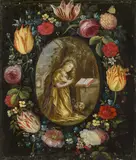 Jan Brueghel the Younger, Garland of flowers with the Penitent Mary Magdalene