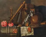 Godfriedt van Bochoutt, Still life with roses, pearl necklace, candelabra, books, clock with blue ribbon and bottle on a tabletop, 1659, oil on panel