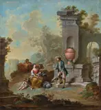Landscape with ancient ruins and figures by attributet to Franz de Paula Ferg, oil on copper, sold Jun 2014