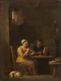 Two peasants and a dog in an interior by follower of David Teniers the Younger, oil on canvas, offered Jun 2014