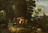 Landscape with fisherman and herd by attributet to Johann Heinrich Roos, oil on canvas, sold Jun 2014