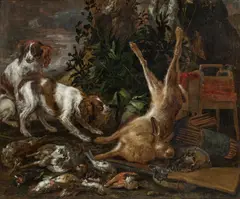 Still life with two Spaniels, birds and a hare by Jan van den Hecke, oil on canvas, offered Jun 2014