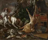Jan van den Hecke, Still life with two Spaniels, birds and a hare, oil on canvas