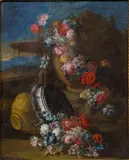 Giuseppe Lavagna, Still life with flowers in front of a stone vase and a fountain, oil on canvas