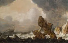 Pieter Mulier the Elder, Ships in rough sea in front of a rocky coast, oil on panel