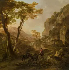 circle of Jan Both, Landscape with a horse rider and two mules, Rocca Aquatico near Ancona, oil on canvas