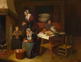 Quirin Gerritsz van Brekelenkam, Interior with two women and two children, oil on panel