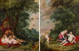 Frans Wouters, Diana and her Nymphs asleep, spied upon by a Satyr & Diana and callisto (a pair), oil on panel