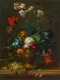 Johann Baptist Drechsler, Still life with flowers and grapes, oil on canvas