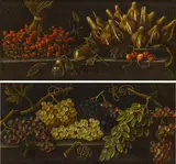 A pair of still lifes - Still life with grapes & Still life with a bunch of wild strawberries, a plate with figs, pears and cherries by called "il Gobbo dei Carracci" Pietro Paolo Bonzi, c. 1620-1625, oil on canvas, sold Jun 2014