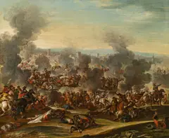 Francesco Simonini, Cavalry battle infront of a big city, oil on canvas