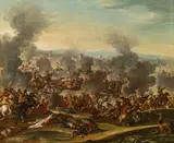 Francesco Simonini, Cavalry battle infront of a big city, oil on canvas
