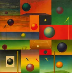 Rudolf Hausner, Fifteen balls, 1963-1964, tempera and resin oil on two chipboards with original canvas mount