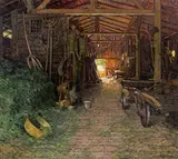Josef Stoitzner, Inside of a barn with hay cart, St. Gilgen, circa 1920, oil on canvas