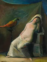 Georg Merkel, Sleeping woman with parrot, circa 1950, oil on cardboard