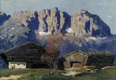 Alfons Walde, Bauernhof am Wilden Kaiser bei Kitzbühel, circa 1930, oil on cardboard